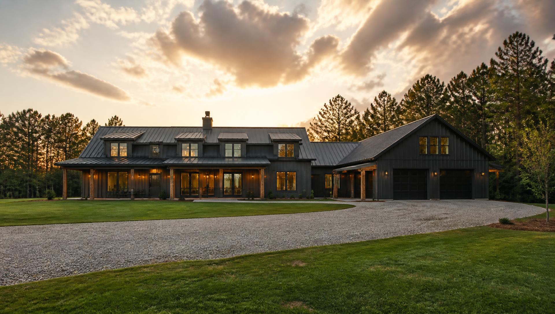 Custom barndominium home with dark metal siding on a wooded Georgia property at sunset
